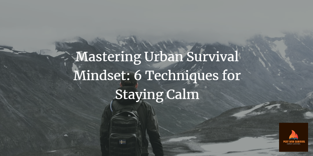 Survival. A person with a backpack looking out into a mountainous wilderness. The words "Mastering Urban Survival Mindset: 6 Techniques for Staying Calm" overlaid on the picture.